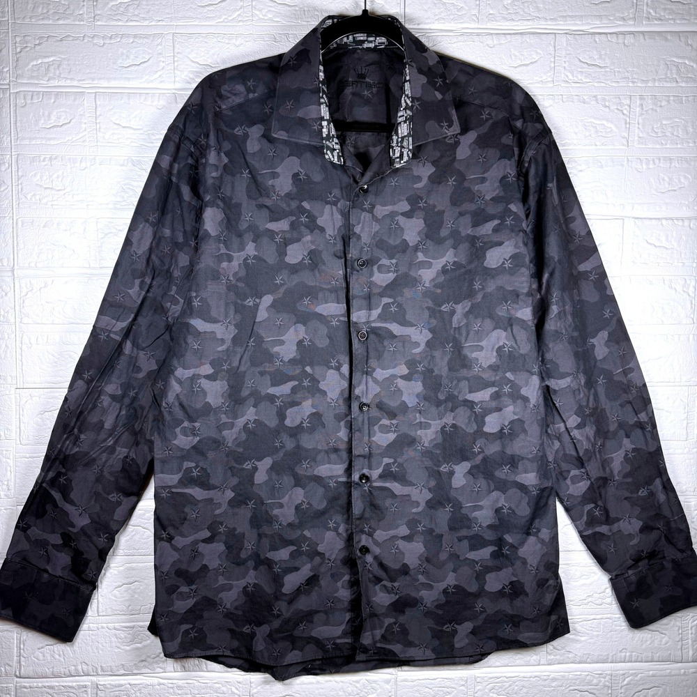 Bertigo Button Down Shirt Mens XL Black Gray Camo Long Sleeve Streetwear